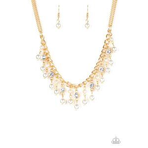 Paparazzi Regal Refinement Gold White Tassle Collar Necklace Earrings Set